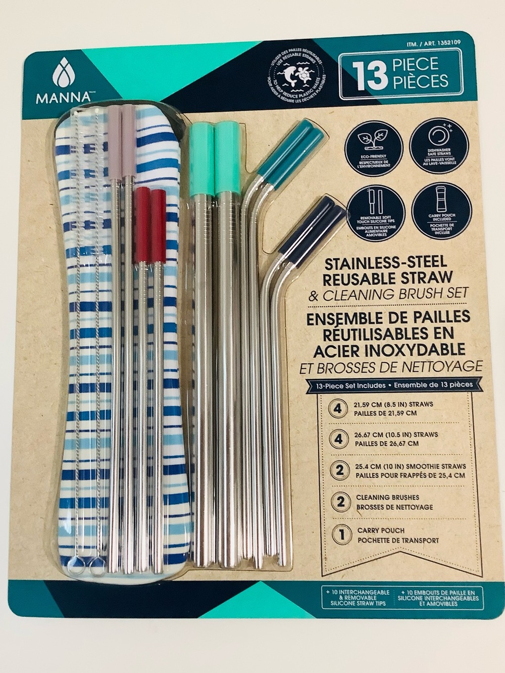 Manna Stainless Steel Reusable Straw and Cleaning Brush Set (13 pieces) NEW